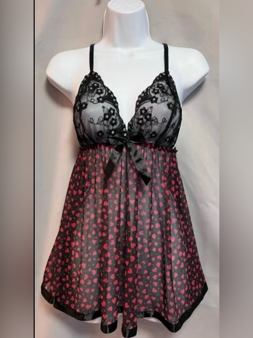 Victoria's Secret Black & Pink Heart-Print Babydoll Nighty